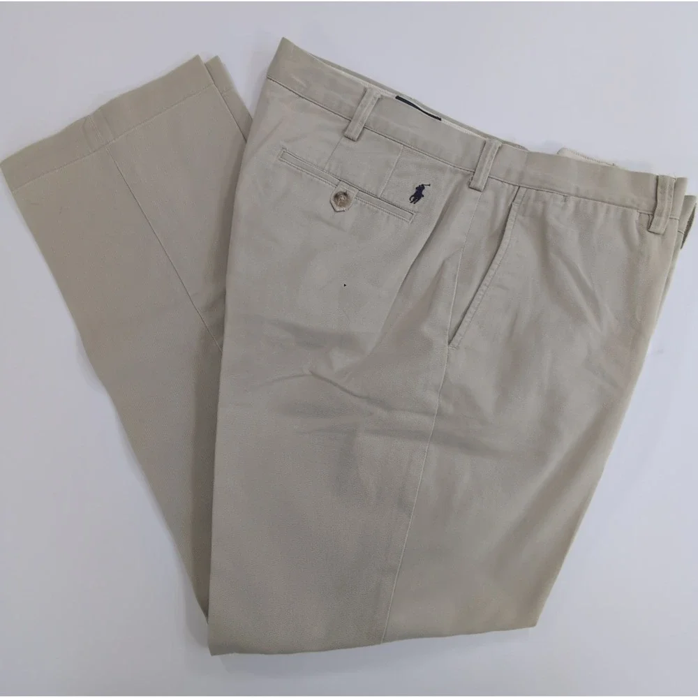 Polo Ralph Lauren Mens 38x32 Khaki Chino Pants Flat Front Cotton Twill Trousers